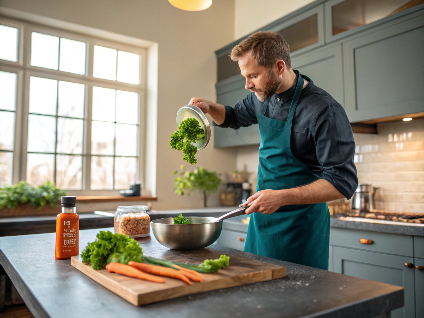 Chef carefully cleaning seasonal greens in a professional kitchen