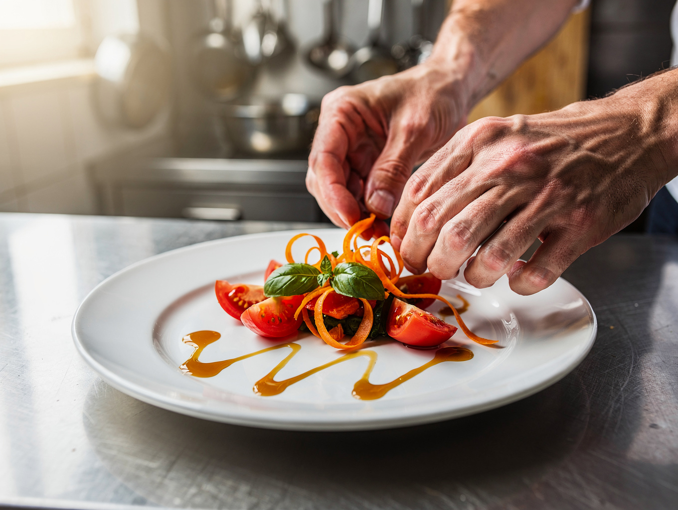 Artfully plated seasonal dish on ceramic dining ware