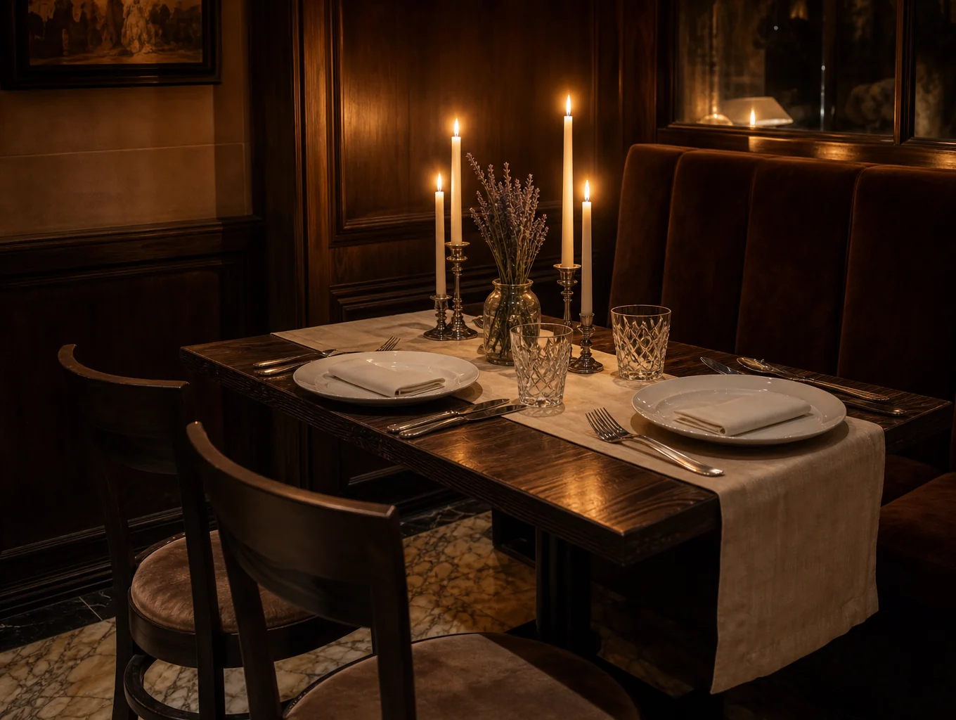 Intimate candlelit dining room table prepared for guests