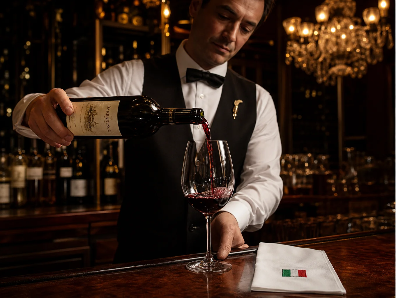 Sommelier pouring artisanal wine alongside rustic tableware